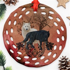 Awesome Black And White Wolf Ornament (round Filigree) by FantasyWorld7