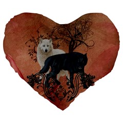 Awesome Black And White Wolf Large 19  Premium Heart Shape Cushions by FantasyWorld7