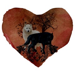 Awesome Black And White Wolf Large 19  Premium Flano Heart Shape Cushions by FantasyWorld7