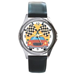 Automobile Car Checkered Drive Round Metal Watch