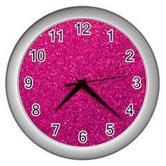 Hot Pink Glitter Wall Clock (Silver)