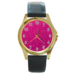 Hot Pink Glitter Round Gold Metal Watch