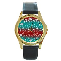 Red Teal Music Round Gold Metal Watch by snowwhitegirl