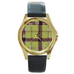 Avocado Green Plaid Round Gold Metal Watch by snowwhitegirl