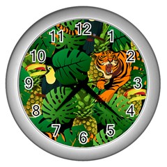 Tropical Pelican Tiger Jungle Black Wall Clock (silver) by snowwhitegirl