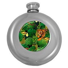 Tropical Pelican Tiger Jungle Black Round Hip Flask (5 Oz) by snowwhitegirl