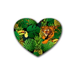 Tropical Pelican Tiger Jungle Black Rubber Coaster (heart)  by snowwhitegirl