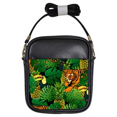 Tropical Pelican Tiger Jungle Black Girls Sling Bag by snowwhitegirl