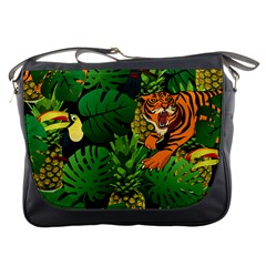 Tropical Pelican Tiger Jungle Black Messenger Bag by snowwhitegirl