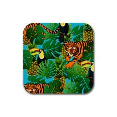 Tropical Pelican Tiger Jungle Blue Rubber Square Coaster (4 Pack)  by snowwhitegirl