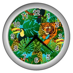 Tropical Pelican Tiger Jungle Blue Wall Clock (silver) by snowwhitegirl