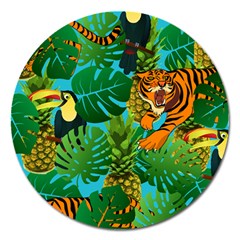 Tropical Pelican Tiger Jungle Blue Magnet 5  (round) by snowwhitegirl