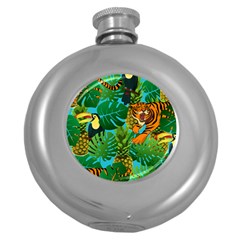 Tropical Pelican Tiger Jungle Blue Round Hip Flask (5 Oz) by snowwhitegirl