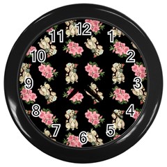 Retro Dog Floral Pattern Wall Clock (black) by snowwhitegirl