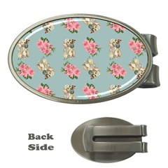 Retro Dog Floral Pattern Blue Money Clips (oval)  by snowwhitegirl