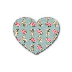 Retro Dog Floral Pattern Blue Heart Coaster (4 Pack)  by snowwhitegirl