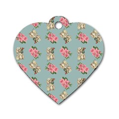 Retro Dog Floral Pattern Blue Dog Tag Heart (two Sides) by snowwhitegirl