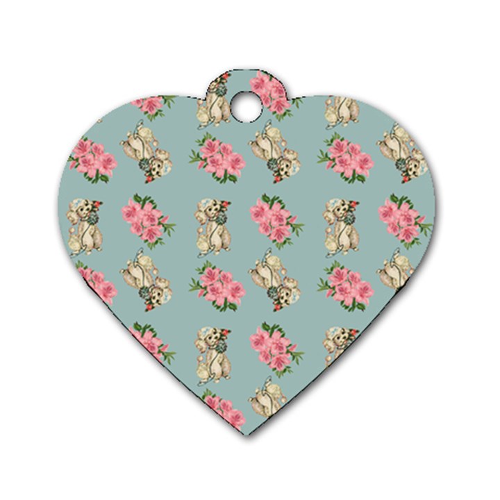 Retro Dog Floral Pattern Blue Dog Tag Heart (Two Sides)