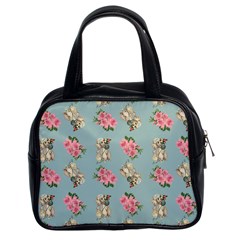 Retro Dog Floral Pattern Blue Classic Handbag (two Sides) by snowwhitegirl