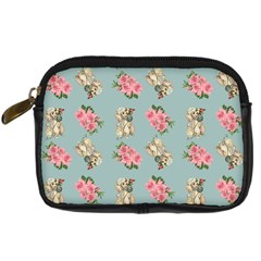 Retro Dog Floral Pattern Blue Digital Camera Leather Case by snowwhitegirl