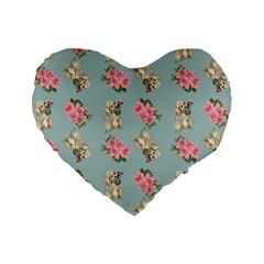 Retro Dog Floral Pattern Blue Standard 16  Premium Heart Shape Cushions by snowwhitegirl