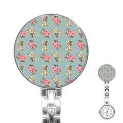 Retro Dog Floral Pattern Blue Stainless Steel Nurses Watch by snowwhitegirl