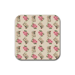 Retro Dog Floral Pattern Ecru Rubber Coaster (square)  by snowwhitegirl