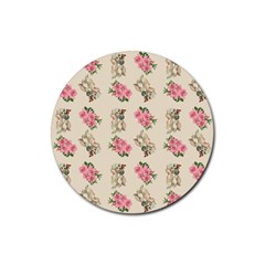 Retro Dog Floral Pattern Ecru Rubber Round Coaster (4 Pack)  by snowwhitegirl