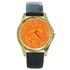 Pop Orange Round Gold Metal Watch by ArtByAmyMinori