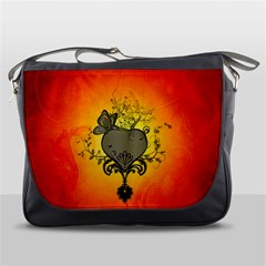 Wonderful Heart With Butterflies And Floral Elements Messenger Bag by FantasyWorld7