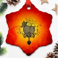 Wonderful Heart With Butterflies And Floral Elements Snowflake Ornament (two Sides) by FantasyWorld7