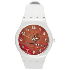 Cute Fairy Dancing On A Piano Round Plastic Sport Watch (M)