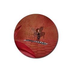 Cute Fairy Dancing On A Piano Rubber Coaster (round)  by FantasyWorld7