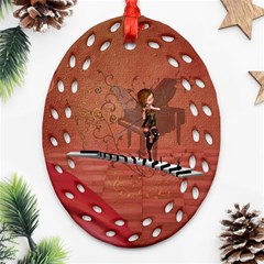 Cute Fairy Dancing On A Piano Oval Filigree Ornament (Two Sides)