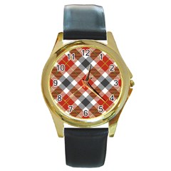 Smart Plaid Warm Colors Round Gold Metal Watch by ImpressiveMoments