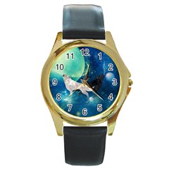 Awesome Black And White Wolf In The Universe Round Gold Metal Watch by FantasyWorld7