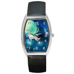 Awesome Black And White Wolf In The Universe Barrel Style Metal Watch by FantasyWorld7