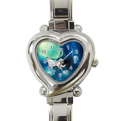 Awesome Black And White Wolf In The Universe Heart Italian Charm Watch by FantasyWorld7