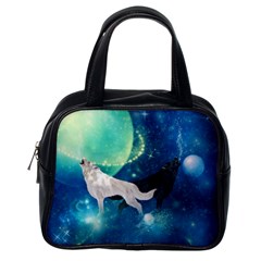 Awesome Black And White Wolf In The Universe Classic Handbag (One Side)