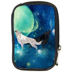 Awesome Black And White Wolf In The Universe Compact Camera Leather Case by FantasyWorld7