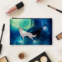 Awesome Black And White Wolf In The Universe Cosmetic Bag (Medium)