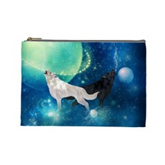 Awesome Black And White Wolf In The Universe Cosmetic Bag (Large)