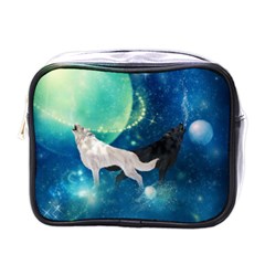 Awesome Black And White Wolf In The Universe Mini Toiletries Bag (One Side)