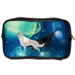 Awesome Black And White Wolf In The Universe Toiletries Bag (one Side) by FantasyWorld7