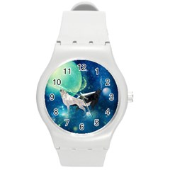 Awesome Black And White Wolf In The Universe Round Plastic Sport Watch (m) by FantasyWorld7