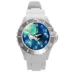 Awesome Black And White Wolf In The Universe Round Plastic Sport Watch (l) by FantasyWorld7