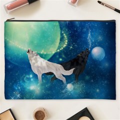 Awesome Black And White Wolf In The Universe Cosmetic Bag (XXXL)