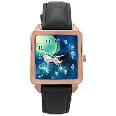 Awesome Black And White Wolf In The Universe Rose Gold Leather Watch  by FantasyWorld7