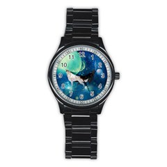 Awesome Black And White Wolf In The Universe Stainless Steel Round Watch by FantasyWorld7