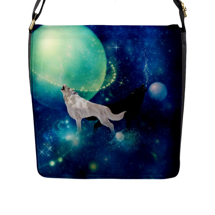 Awesome Black And White Wolf In The Universe Flap Closure Messenger Bag (L)